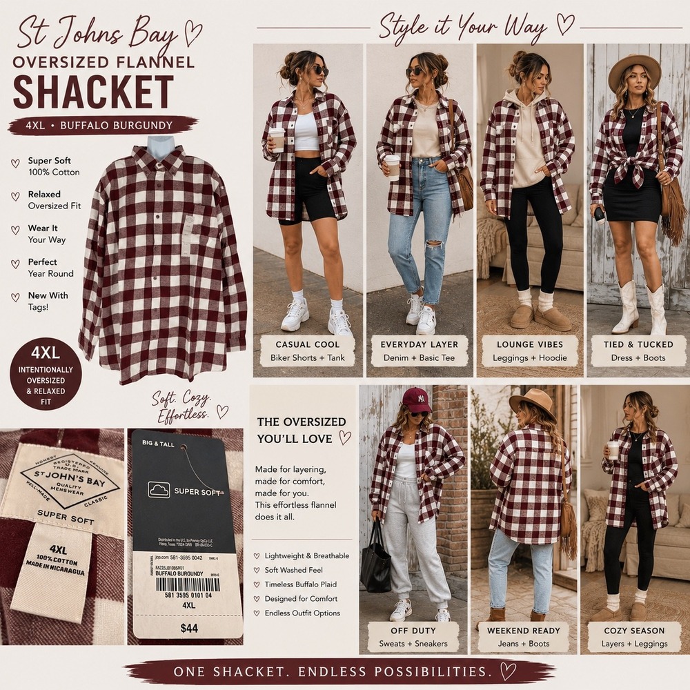St Johns Bay 4XL Buffalo Plaid Oversized Flannel Shacket NWT